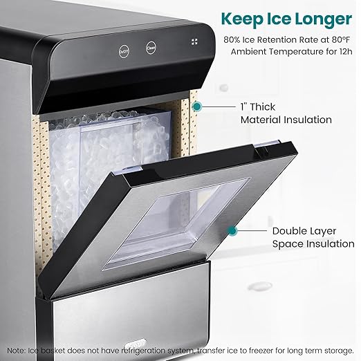 Gevi V2.0 Countertop Gemi Nugget Ice Maker | Self-Cleaning Pellet Ice Machine | Stainless Steel Housing |16.7''H Fits Perfectly Under Wall Cabinet | Silver with Viewing Window