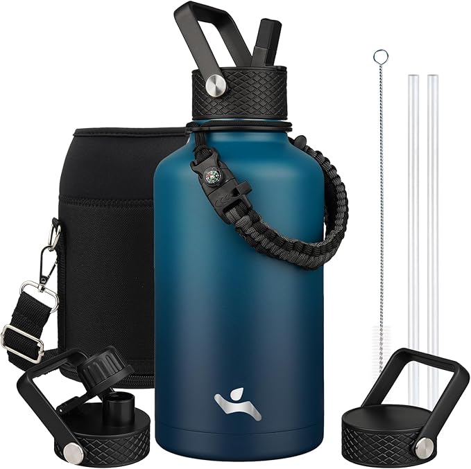 Half Gallon Insulated Water Bottle with Straw,64 oz 3 Lids Water Jug with Carrying Bag,Paracord Handle,Double Wall Vacuum Stainless Steel Metal Flask,Indigo Black