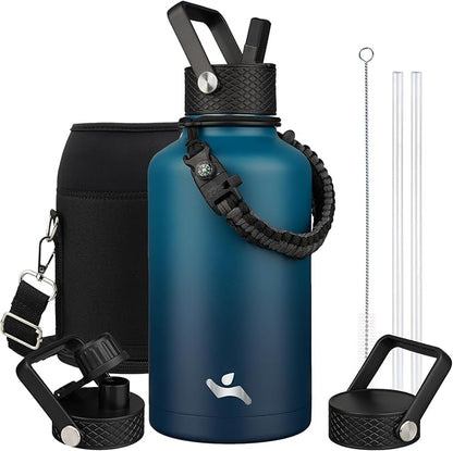 Half Gallon Insulated Water Bottle with Straw,64 oz 3 Lids Water Jug with Carrying Bag,Paracord Handle,Double Wall Vacuum Stainless Steel Metal Flask,Indigo Black