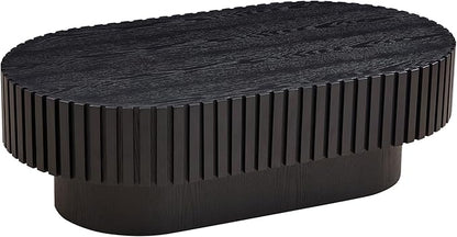 43.7 Inch Oval Drum Coffee Table, Modern Handcraft Fluted Drum Coffee Table, Wooden Oval Cocktail Tea Table Center Table with Sturdy Pedestal for Living Room Apartment (Black)