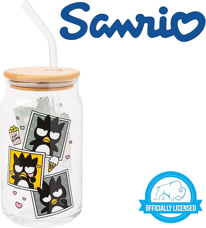 Silver Buffalo Sanrio Hello Kitty and Friends Badtz-Maru Polaroids Glass Jar Tumbler with Bamboo Lid and Glass Straw, 16 Ounces