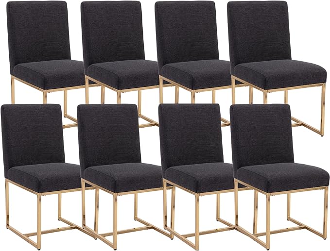 CIMOTA Black Modern Dining Chairs Set of 8, Upholstered Dining Room Chairs Armless Guest Side Chair with Gold Base for Dining Room/Kitchen, Charcoal Black, 8PCS