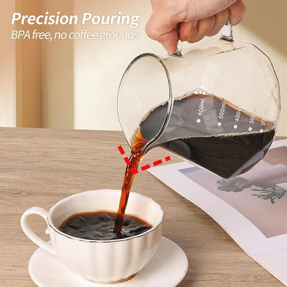 Pour Over Coffee Maker, Borosilicate Glass Drip Coffee Maker with Reusable Stainless Steel Filter and Cork Grip for Home Café (Walnut Collar, 20 OZ)