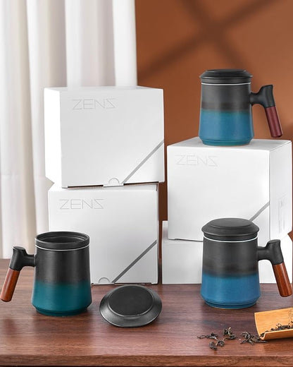 ZENS Gradient Blue Tea Cup with Infuser and Lid, 14.5oz Wood Handle Tea Mug, Loose Leaf Tea Steeper & Strainer, Tea Lovers Gifts