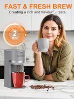 Load image into Gallery viewer, Single Serve Coffee Maker for K-Cup and Ground Coffee, Fast Brew, 6-12 oz Brew Sizes One Cup Coffee Machine Fits 5.5" Mugs, One-Button Small Coffee Maker with Descaling Reminder,Grey
