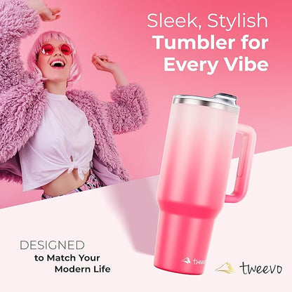 40 oz Tumbler With Handle and Straw Made of Stainless Steel - Double Wall Vacuum Insulated Tumbler With Lid - Sweat Proof Easy Grip, BPA-Free, Dishwasher Safe Tumbler (Misty Pink)
