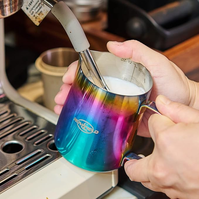 Stainless Steel Milk Frothing Pitcher - Milk Frothing Jug for Cappuccino, Barista Milk Frothing Pitcher Parent (coloured, 12OZ)