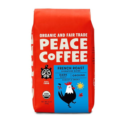 Peace Coffee French Roast | 20 oz Ground Dark Roast | Organic Fair Trade | Soft, Gentle Flavor | Shade Grown, Fresh Roasted