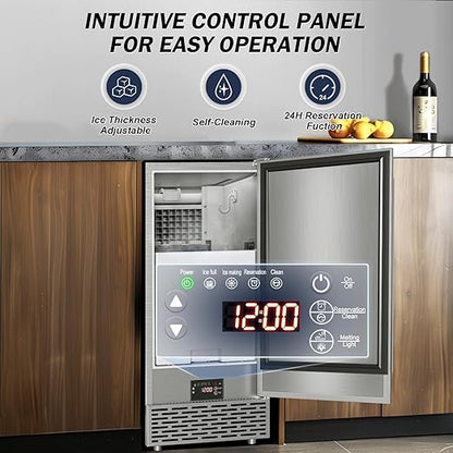 Commercial Under Counter Ice Maker Machine - 120 LBS/Day, Built in Installation, Auto-Clean,Reversible Door, Built 25LBS Ice Storage, Stainless Steel Ice Machine for Home & Business Outdoor Use