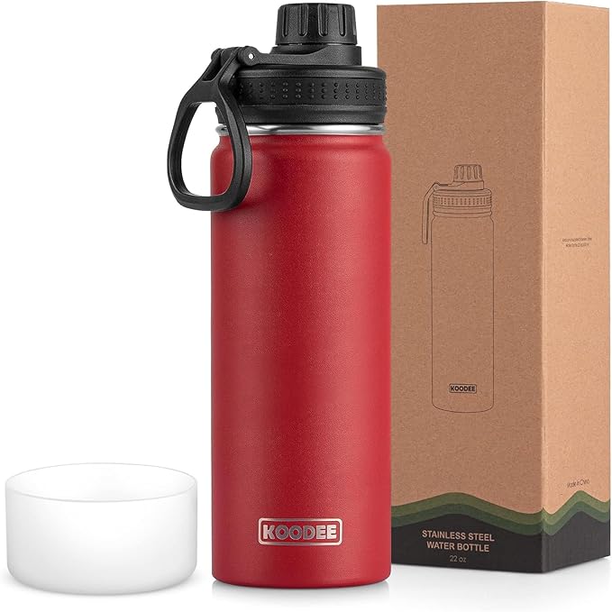 koodee Stainless Steel Water Bottle, 26 oz Double Wall Vacuum Insulated Sports Bottle with Leakproof Spout Lid (Canyon Red)