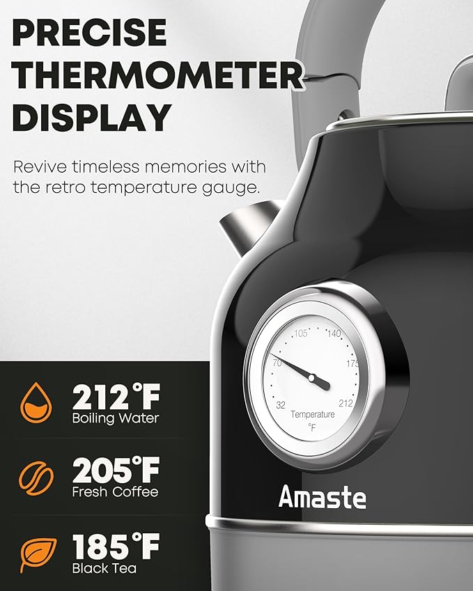 Amaste Electric Kettle, Retro Electric Tea Kettle With Thermometer, 57 Oz Hot Water Kettle For Coffee & Tea, 304 Stainless Steel, 1500w Fast Boiling, Auto Shut-Off & Boil Dry Protection, Black