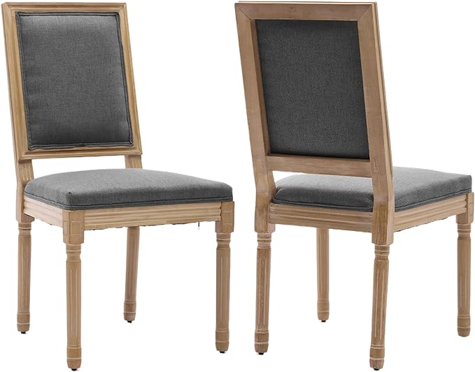 French Country Dining Chairs Set of 2, Grey Square Back Dining Chairs with Linen Upholstered Seat, Solid Wood Legs, Farmhouse Kitchen & Dining Room Chairs, Sillas De Comedor (Gray, 2Pcs)