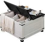 Load image into Gallery viewer, Farmhouse Coffee Table with Hidden Storage, Square Large Center Table for Living Room, Vintage Cocktail Tables with Flip-Top Lids, Farm House Tables with Wood Gourd Feet, Antique White &amp; Black