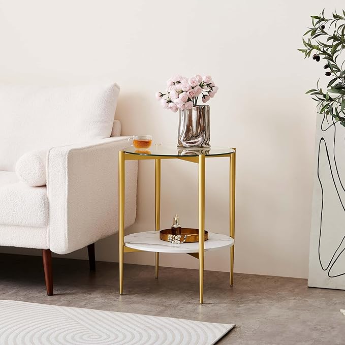 Round Glass End Table, Mid-Century Modern Design Sofa Table for Living Room, D18 x H23 in, 2-Tier Structure, Clear Glass Top and White Marble Shelf, Sleek Conical Legs with Gold Finish Frame
