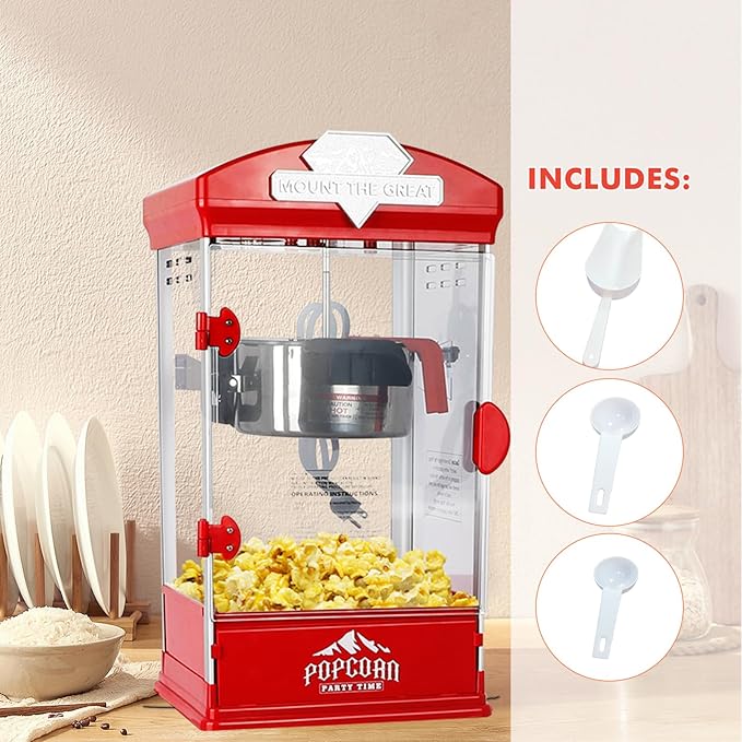 Popcorn Machine with Cart, Wheels & 10 Oz Kettle Popcorn Maker, Movie Theater Popcorn Maker Machine, Home Theater Popcorn Popper Measuring 3 Plastic Spoons