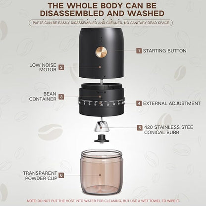 Portable Electric Coffee Grinder， Upgraded External Adjustable 40 Levels Fine to Coarse Settings, Stainless Steel Conical Burr Rechargeable and Faster Grinding for Office,Home,Camping,Travel,Black