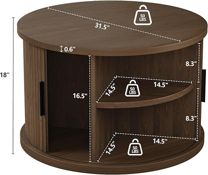 Round Coffee Table, 31.5" Fluted Coffee Table with Storage, Fluted Accent Center Table with Sliding Door, Mid Century Modern Coffee Table for Living Room, Coffee Table Circle Wood，Walnut