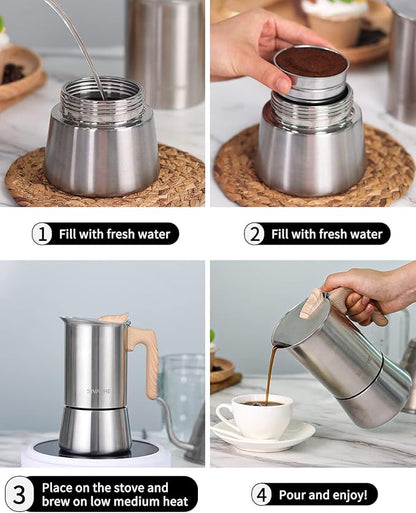 Sivaphe Stovetop Espresso Maker Stainless Steel 9 Cups, Induction-Capable Mocha Pot 450ml, Coffee Percolator with Replacement Silicone Gasket Steel Filter and Instructions (1 Cup=50ml)