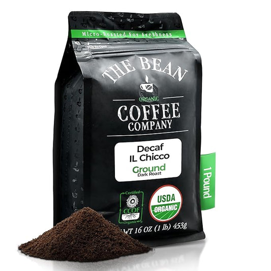 The Bean Organic Coffee Company Water Processed DECAF IL Chicco (Traditional Italian Roast), Dark Roast, Ground Coffee, 16-Ounce Bag, Café Molido Tostado Orgánico descafeinado