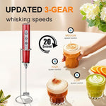 Load image into Gallery viewer, YUSWKO Red Rechargeable Milk Frother for Coffee with Stand, Handheld Drink Mixer with 3 Heads 3 Speeds Electric Stirrers for Latte, Cappuccino, Hot Chocolate, Egg