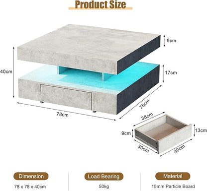 Grey LED Coffee Table with 2 Storage Drawers for Living Room Square Center Middle Table Modern Cocktail Table with Light 2-Tier Tea Tables Contemporary Mid Century Wood Home Office Waiting Room