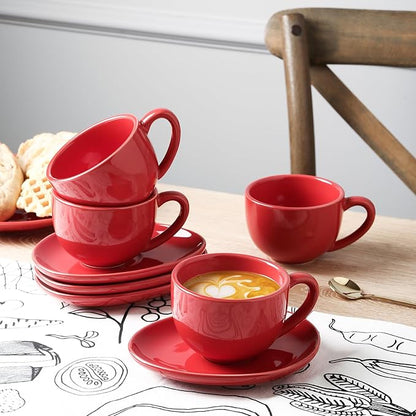 vicrays 6.5 oz Cappuccino Cups with Saucers, Set of 4, Ceramic Coffee Cup for Au Lait, Double shot, Latte, Cafe Mocha, Tea (Red)