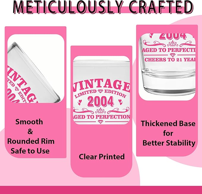 Funny 21st Birthday Shot Glass for Her – Pink 2 oz Glass with Gift Box – Unique Gift for Women,Female, Friends, or Sister - Cheers to 21 Years – 2004 Pink Printed
