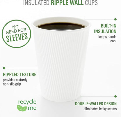 Restaurantware 16 Ounce Ripple Wall Disposable Coffee Cups, 500 Insulated White Paper Tumblers with Rolled Rim Design, Lids Sold Separately for Hot Drinks like Tea, Hot Chocolate and More