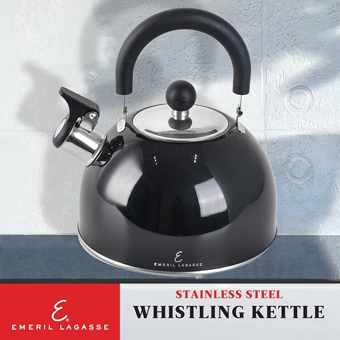 Emeril Lagasse 2.6 Quart/2.5 Liter Whistling Tea Kettle, Stainless Steel Tea Pot for Induction Stove Top, Fast to Boil Water for Home Kitchen Condo, with Ergonomic Cool Folding Grip Handle, Black