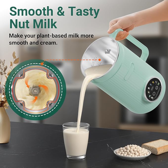 Nut Milk Maker Machine - 8 in 1 Soy Milk Maker Machine 35oz with Self-Cleaning, 18H Delay Start & 4H Keep Warm, Automatic Plant-Based Milk Blender for Almond, Oat, Coconut, Soybean - Green