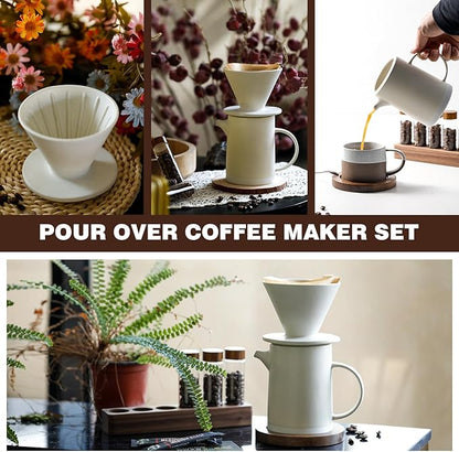 Pour Over Coffee Maker Set Vintage Ceramic Pour Over V60 Coffee Dripper Set with 20 Count Paper Coffee Filters,for Home Café Restaurant Camping,15.8 Ounces(White)