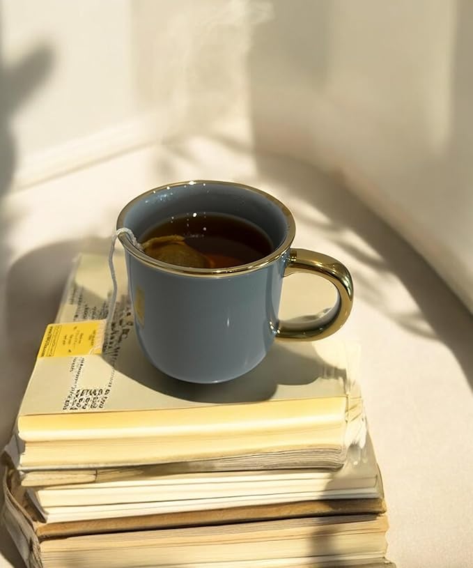 Stoneware Electroplated Mug Set of 4-15oz Ceramic Coffee & Tea Cups with Gold Handle - Perfect for Hot & Iced Drinks - Dishwasher Safe - Modern Chic Design - Ivory White & Gray - Ideal Gift