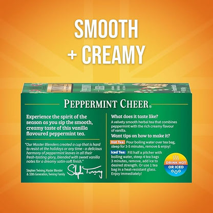 Twinings Peppermint Cheer Herbal Tea Individually Wrapped Bags, 20 Count (Pack of 1), Peppermint & Vanilla, Naturally Caffeine-Free, Enjoy Hot or Iced, 20 Teabags