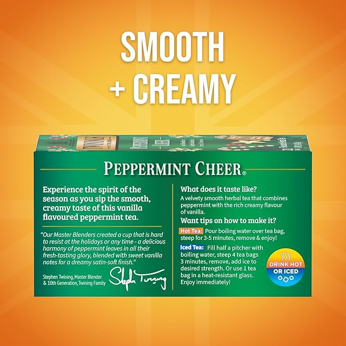 Twinings Peppermint Cheer Herbal Tea Individually Wrapped Bags, 20 Count (Pack of 6), Naturally Caffeine-Free, Peppermint & Vanilla, Enjoy Hot or Iced