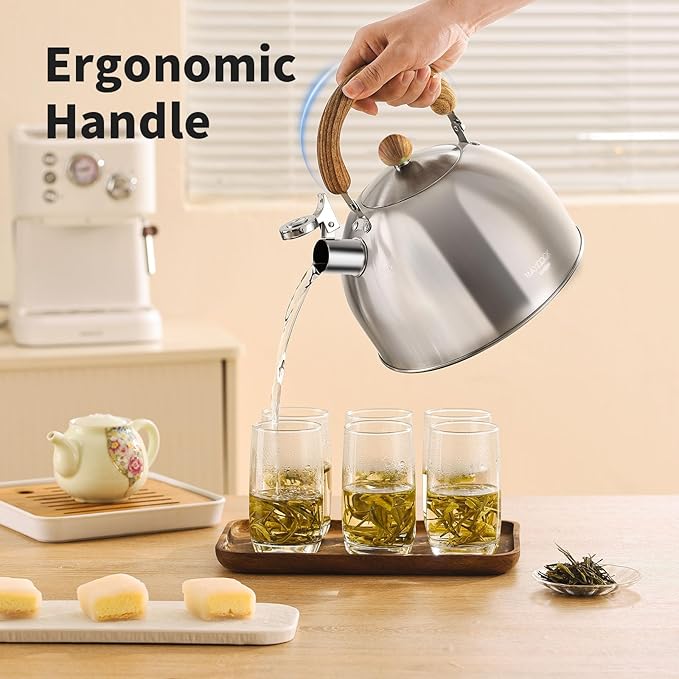 Tea Kettle, 18/8 Stainless Steel Whistling Teapot, 2.1 Quart Camping Tea Kettle for Stovetop, Water Coffee Pot with Anti-Hot Wood Handle (2L,Silver)