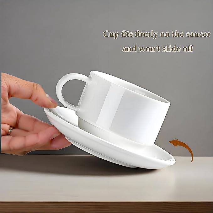 8 Ounce Porcelain Cappuccino Cups with Saucers and Stainless Steel Stand, Stackable Espresso Cups Set of 4, White Ceramic Coffee Mugs for Home, Office, Cafe or Gift