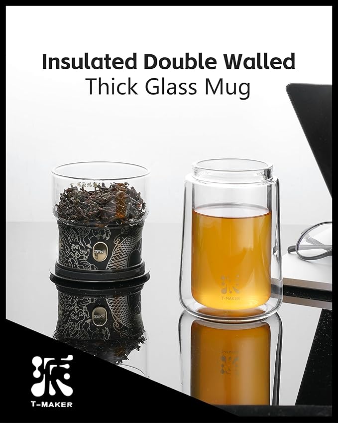 ZENS Cool Glass Teapot with Infuser, Smart One Touch Tea Maker for Loose Tea Diffusers with Insulated Mug and Portable Tea Kits, Enchanted Teapot Alternatives for Tea Lover Gifts