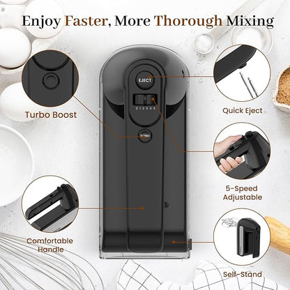 5-Speed Electric Hand Mixer, 800W Handheld Mixer with Turbo for Baking & Cooking, Kitchen Food Mixer with Storage Case & 6 Stainless Steel Attachments (2 Beaters, 2 Dough Hooks, 2 Whisks)-Black