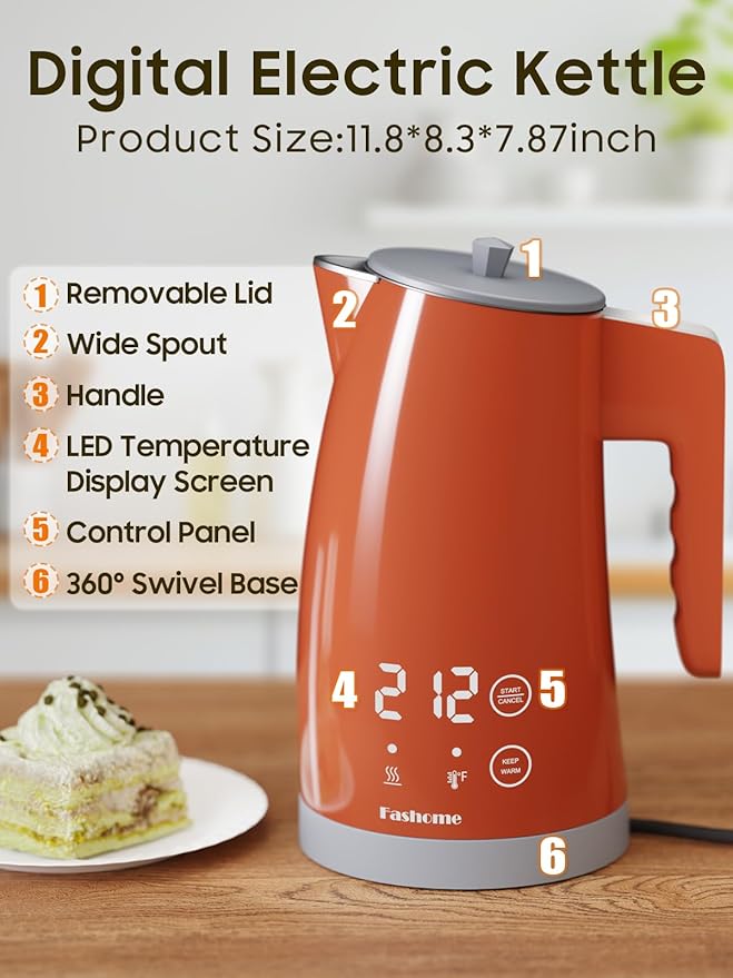 Temperature Control Electric Kettle, 5 Temp Presets, 2H Keep Warm, 1.25L 1200W Fast Boil with LED Display, Cool-Touch Design with Auto Shut-Off, Cordless Design (Orange)