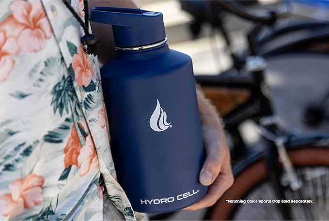HYDRO CELL Stainless Steel Insulated Water Bottle with Straw - For Cold & Hot Drinks - Metal Vacuum Flask with Screw Cap and Modern Leakproof Sport Thermos for Adults (Navy 64oz)