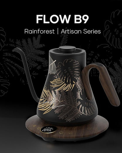 Cocinare FLOW B9 Gooseneck Electric Kettle, Precise Temperature Control for Pour-Over Coffee & Tea Brewing, Stainless Steel Interior, Rapid Heating for Boiling Water 0.9L (Rainforest)