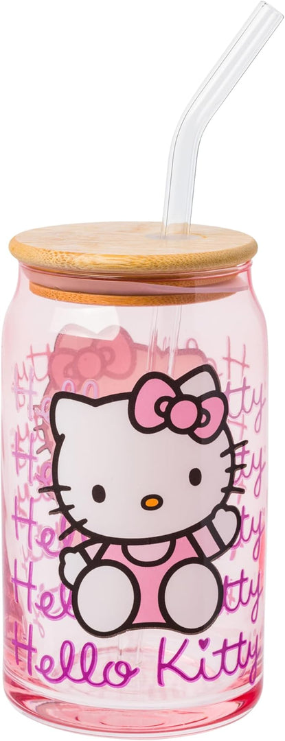 Silver Buffalo Sanrio Hello Kitty Waving Pink Glass Jar Tumbler with Bamboo Lid and Glass Straw, 16 Ounces