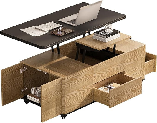homary Modern 47" Lift-Top Coffee Table, Black & Walnut with 3 Drawers, 2 Open Storage Compartments, Hidden Cabinet, Convertible Dining Office Table for Living Room Small Spaces