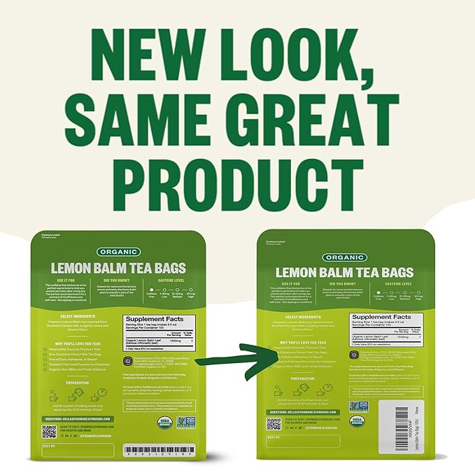 FGO Organic Lemon Balm Tea, 100 Count, Eco-Conscious Herbal Tea Bags, Resealable Bag, Caffeine Free, Packaging May Vary (Pack of 1)