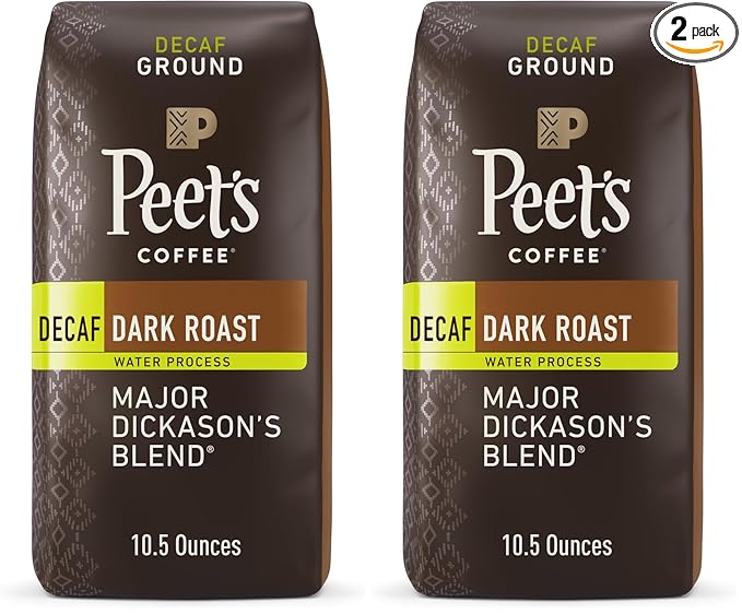 Peet's Coffee, Dark Roast Decaffeinated Ground Coffee - Decaf Major Dickason's Blend 10.5 Ounce Bag (Pack of 2)