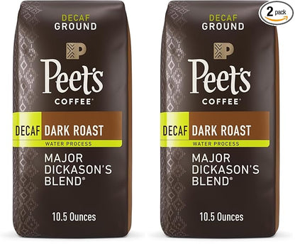 Peet's Coffee, Dark Roast Decaffeinated Ground Coffee - Decaf Major Dickason's Blend 10.5 Ounce Bag (Pack of 2)