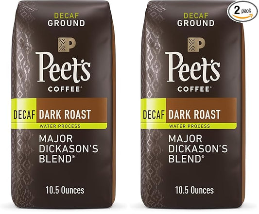 Peet's Coffee, Dark Roast Decaffeinated Ground Coffee - Decaf Major Dickason's Blend 10.5 Ounce Bag (Pack of 2)