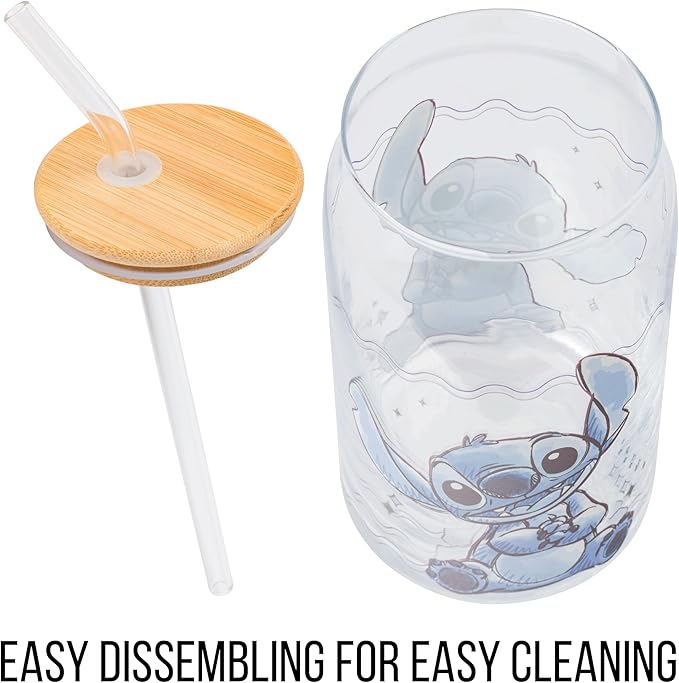 Silver Buffalo Disney Lilo and Stitch Sitting Glass Jar Tumbler with Bamboo Lid and Glass Straw, 16 Ounces