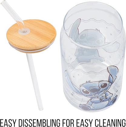 Silver Buffalo Disney Lilo and Stitch Sitting Glass Jar Tumbler with Bamboo Lid and Glass Straw, 16 Ounces
