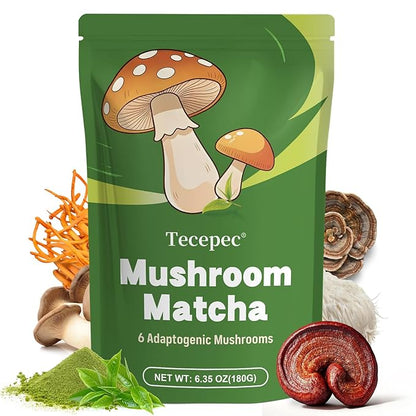 Mushroom Matcha Blend with 6 Adaptogen Mushrooms & Ceremonial-Grade Matcha Powder - Boosts Energy, Focus, Digestion, Immunity (30 Servings)